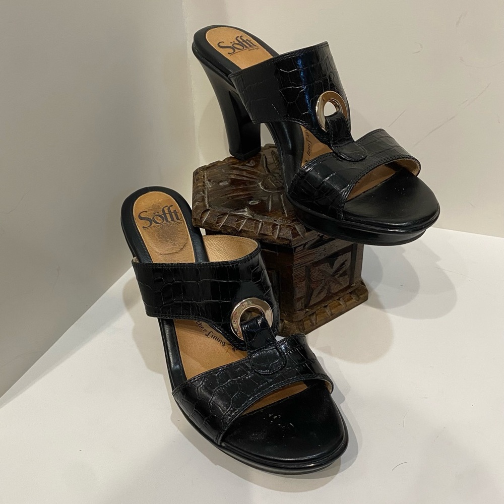 Sofft Black Leather Open Toe Mules Sandals Slip On Shoes Womens Size 7.5 M